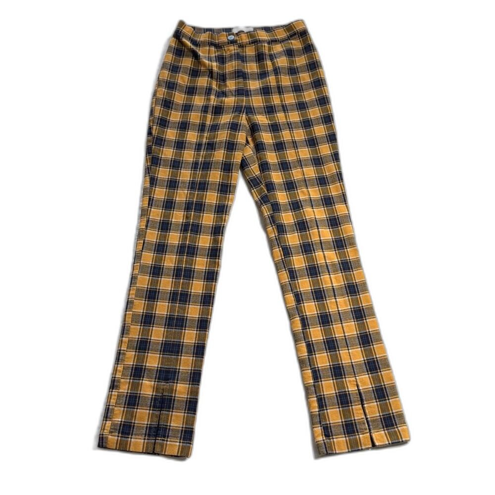Urban Outfitters Plaid Flare Pants Size 4 Yellow Mustard Split Hem Front Slit - Picture 2 of 13